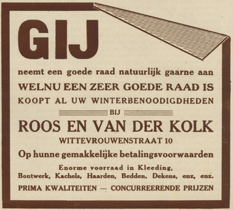 717325 Advertentie van de firma Roos & van der Kolk, 'op afbetaling', Wittevrouwenstraat 10 te Utrecht.